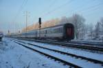 InterCity 2070 gezogen von der BR 101 (101 092-5) bei der Durchfahrt Diedersdorf am 27.12.2014. Am Schluss und in der Mitte sind optisch ÖBB-Wagen vorhanden. Aber diese Wagen gehören zur CD (České dráhy). 