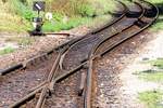 Abzweigstelle im Bahnhof Jindrichuv Hradec am 05.August 2018. Hier verlässt die 760mm Schmalspurstrecke die 1435mm Hauptstrecke Havlickuv Brod - Veselí nad Luznici.