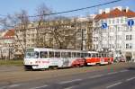 Tschechische Republik / Straßenbahn Prag: Tatra T3R.P - Wagen 8388 / Tatra T3R.P - Wagen 8390 ...aufgenommen im März 2015 an der Haltestelle  Karlovo náměstí  in Prag.