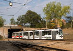 Brünn/Brno     DPMB VarioLF 1069 + 1630 als Linie 1, Rakovecká, 20.08.2018.