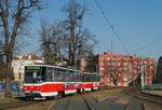 T6A5 1245 + 1245 als Dienstwagen bei der Einfahrt in die Haltestelle Vystaviste auf dem Weg zur nahe gelegenen Remise Pisarky. Die beiden Wagen wurden im Jahr 2020 gebraucht von der Straßenbahn Prag übernommen, wo sie mit den Nummern 8725 und 8724 verkehrten. (25.03.2022)