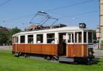 Der historische Triebwagen 107 hat im Rahmen einer Sonderfahrt die Haltestelle Nove Sady erreicht. (19.07.2014)