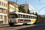 15. Oktober 2011, Tatra-Straßenbahn im tschechischen Liberec. Das Dreischienengleis weist auf den Einsatz auch anderer Fahrzeuge hin.