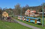 Liberec Tw 57 und 55 auf der berlandlinie 11 bei Prosec nad Nisou, 27.04.2012.