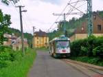 Tw 23 auf der Überlandlinie 11 von Jablonec nach Liberec am 15.06.2013 in Prosec.