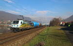 Beste Morgensonne auf die Werbe 383 010 mit ihrem Kesselzug unterhalb der Burg Strekov bei Usti nad Labem. Aufgenommen am 20.03.2023 