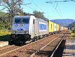 386 030-1 (NVR-Nummer: 91 54 7386 030-1 CZ-MT) mit einem Containerzug in Richtung Bad Schandau durchfährt den Bahnhof Krippen am 08.
