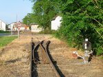 Das Ziel einer langen Reise: Einfahrt in den Bahnhof Dombrad der 2009 stillgelegten Schmalspurstrecke von Nyiregyhaza nach Dombrad und Balsa, 29. ‎Mai ‎2016; nach rechts führt die Abzweigung zum Gleisdreieck.