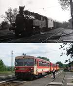 Ungefähr 33 Jahre liegen zwischen den beiden Aufnahmen, die im Bahnhof Diosjenö in Nordwestungarn entstanden: Oben die 375.1002 vor einem Güterzug nach Balassagyarmat im Oktober 1978, darunter Bzmot 344, der am 10.06.2011 Diosjenö mit dem gleichen Ziel verlässt. Während ich dort bei meinem ersten Besuch ausschließlich 375 antraf, begegneten mir im Juni 2011 nur Bzmot. Sieht man von den Fahrzeugen (und der Tatsache, dass die früher hier abzweigende Strecke nach Romhany stillgelegt ist) ab, hat sich nicht viel geändert.