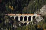 MAV 470 501 bespannt am 22.10.13 den LGAG 41373 von Gratwein nach Sopron.
Hier auf dem Krausel Klause Viadukt nahe Breitenstein. 