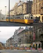 Einst & Jetzt bei der Budapester Straßenbahn: Auf dem oberen Bild fährt der Zweiachser 1509 vom Baross ter am Ostbahnhof in die Thököly utca, unten die Situation am 08.06.2011. Die Straßenbahn verkehrt hier nicht mehr, im Hintergrund laufen die Bauarbeiten für die Metrolinie M 4. Große Veränderungen an den Gebäuden hat es nicht gegeben, sieht man einmal davon ab, dass auf dem Dach des Eckgebäudes die Werbung für eine Fastfood-Kette die Fiat-Reklame ersetzt hat und auf dem Gebäude ganz rechts auch der große Konkurrent ebenfalls auf sein Schnellrestaurant hinweist.


