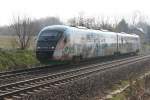 Vogtlandbahn VT 06(unser Vogtland)unterwegs nach Cheb.Obermylau 19.04.2010.Leider stand die Sonne noch sehr tief.