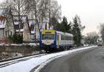 WEG Wurttembergische Eisenbahn-Gesellschaft Nachdem der VT 413 den Bahnhof von M�nchingen erreicht hat, kann der VT 412 am 07. Januar 2010 seine Fahrt als WEG 1061 von Korntal nach Hemmingen in Richtung Schwieberdingen fortsetzen.