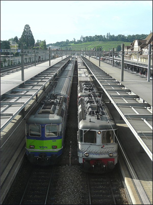 Von dem Fugngerbergang entstand am 29.07.08 diese Aufnahme einer Doppeltraktion Re 436, welche den Bahnhof von Spiez mit einem Gterzug durchfuhr und Re 420 509 mit einem Regio, die am Bahnsteig stand. (Jeanny)
