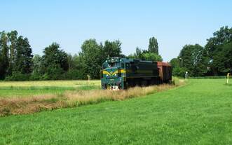 SŽ 664-113 mit Güterzugbegleitwagen fährt durch Wasserschutzgebiet auf Regional Bahn in Radenci.