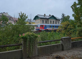 Hinter B�umen und Str�uchern versteckt sich der Haltepunkt Berndorf an der Leobersdorfer Bahn direkt an der Triesting.
