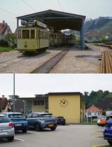 Im Mai 1980 waren in einer offenen Remise in Cortaillod mehrere Altbaufahrzeuge der Straßenbahn Neuchatel hinterstellt, im Vordergrund der Be 2/2 72.