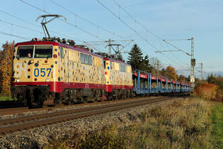 111 057 (Baujahr 1974, smart rail GmbH, 91 80 6 111 057-6 D-Zug) und die 111 213 mit leerem Milsped Zug aus Richtung Rosenheim nach Mnchen am 30.10.25 bei Eglharting.