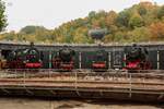 38 2267 (P8), 044 377-0, 55 3345, 66 002 vor dem Lokschuppen im Eisenbahnmuseum Bochum Dahlhausen, Oktober 2025.