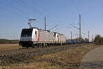 186 354 der akiem schleppte am 06.03.26 einen PKP-Flachwagenzug, welcher mit Stahlprodukten beladen war, durch Wittenberg-Labetz Richtung Dessau.