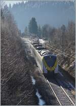 Der DB 1440 177 und ein weiterte Coradia Continental sind bei heftigem Gegenlicht kurz vor der Haltestelle Schluschsee auf der Fahrt als S 9768 nach Titisee. 

27. Dezember 2025