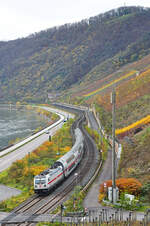 Unterhalb des Bopparder Hamms fhrt die 147 567 mit dem IC 2047 am 13.11.2025 in Richtung Koblenz