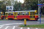 Konstal Triebwagen Type 13N Nummer 360 der Straenbahn Warschau fhrt am 22.September 2002 als Linie 2 aus der Haltestelle plac Gabriela Narutowicza.