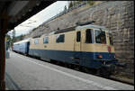 Die schweizerische Elektrolokomotive IRSI 421 387 mit dem Sonderzug DZ 13401 Seebrugg - Z�rich am 28.02.2026 kurz vor der Abfahrt in Seebrugg (Schwarzwald).