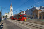 Die Linie 9 in Bratislava verbindet Ružinov und Karlova Ves. Am 07.04.2022 waren T6A5 7955 und 7956 auf der Linie unterwegs und wurden vor der Blumenthaler Kirche abgelichtet. 