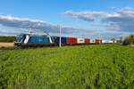 388 019 CD  mit einem Containerzug  am 21.04.26 bei Roßlau. Fahrtrichtung ist Dessau – Magdeburg.