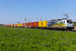 Schöne bunte Container bis zum Horizont. 388 010 von CD Cargo mit schöner Landschaft in schöner Landschaft ! Erwischt am 21.04.26 bei Roßlau von Magdeburg kommend nach Dessau.
