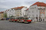 Czechia, Prag  Tramways 7027+7047 on line 22 leaving the stop  Pohorelec   7/5/2014