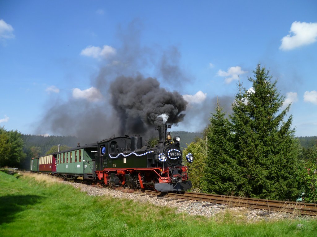  99 516 fhrt am 03.09.11 zwischen Neuheide und Schnheide. Anlass ist das Brstenfest.

