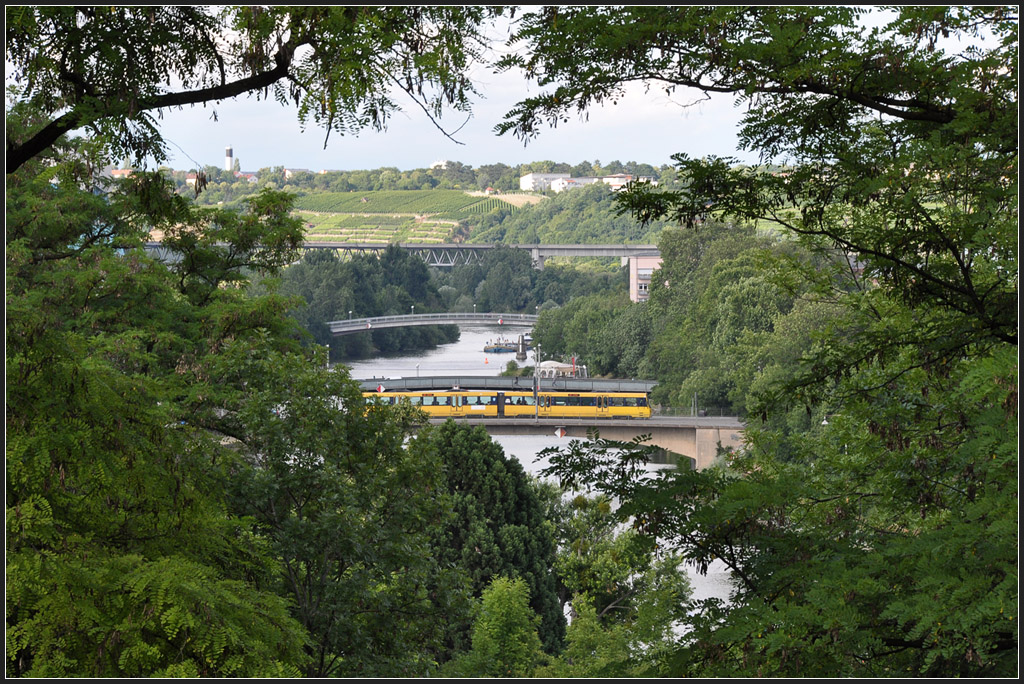 . Blick ins Neckartal - 

Durchblick vom Schloß Rosenstein auf die Rosensteinbrücke mit einer Bahn der U13 und auf das Neckartalviadukt bei Stuttgart-Münster ohne Güterzug. 

25.06.2012 (J)