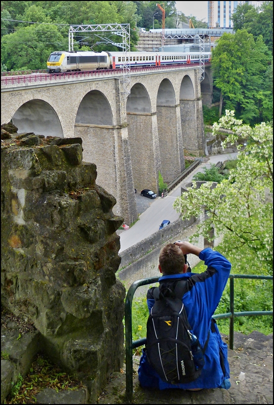 . Der Bahnfotograf und sein Sujet - Am Plateau du Rham (op der Rumm) in Luxemburg Stadt mitten in den berresten der ehemaligen Festung bieten sich tolle Mglichkeiten die Zge auf dem Pulvermhle Viadukt (Biisser Brck) abzulichten. 

Der fitte und sportliche Fotograf hatte es sich am 14.06.2013 auf einem Felsvorsprung gemtlich gemacht, als der IR 116 Luxembourg - Liers, gezogen von der schmutzigen 3006, ber die Brcke fuhr. (Jeanny)
