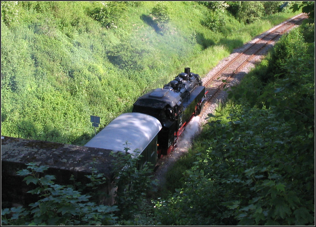 . Der Leerzug aus Ftzen hat kurz vor seinem Ziel Blumberg-Zollhaus den 805 Meter langen Buchbergtunnel durchfahren und wird eine halbe Stunde spter seine planmige Vormittagsfahrt hinunter nach Weizen antreten. ber dem Tunnel befindet sich die Wasserscheide Rhein / Donau. 16.06.2013 (Gisela) 