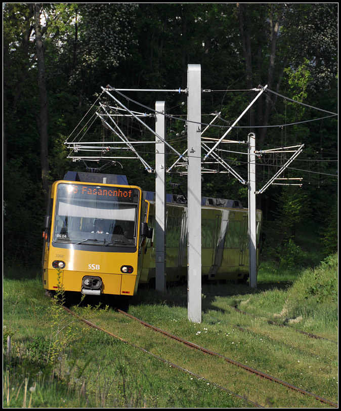 . Ein Ensemble aus Bahn und Masten im Grünen - 

Ein Stadtbahnzug auf der neuen, sehr grünen Trasse in Stuttgart-Fasanenhof. 

07.05.2011 (J)