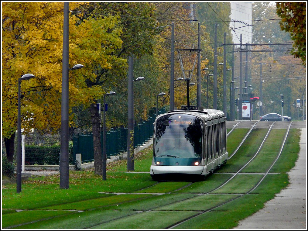 - Gr�ner Teppich - Zwischen den Haltestellen Droits de l'Homme und Parlement Europ�en f�hrt die Eurotram wie �ber eine gr�nen Teppich an dem Marne/Rhein Kanal entlang. 30.10.2011 (Hans) 