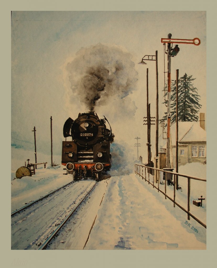 01 0517 durchfhrt den Haltepunkt Traun,
Aquarell,
Maler und Bildautor Bernd Kauschmann