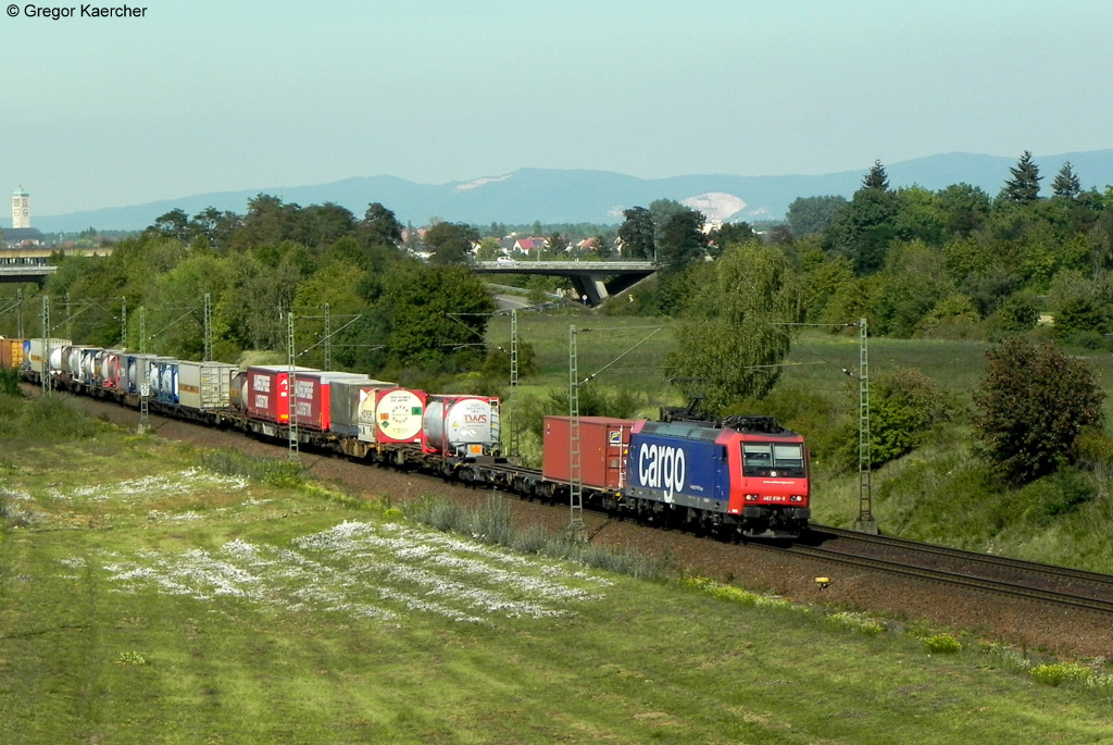 01.09.2011: Die 482 018-9 mit einem Containerzug Richtung Sden bei Neuluheim.