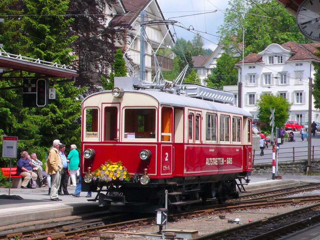 100 Jahre Altsttten (SG)-Gais. Originaltriebwagen CFe 3/3 2 (1911) in Bahnhof Gais am 28.05.2011.