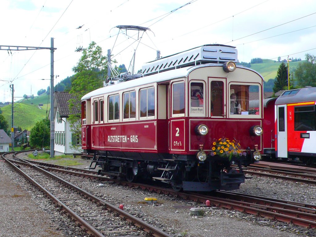 100 Jahre Altsttten(SG)-Gais. Original Triebwagen CFe 3/3 2 (1911)
in Bahnhof Gais am 28.05.2011.
