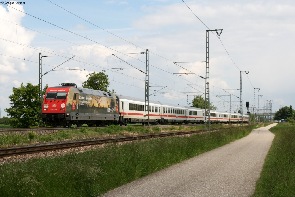 101 016-4  Packendes Sdafrika Giraffenmotiv  mit dem IC 1268 (Salzburg-Karlsruhe) beim Abzweig Bruchsal Nord kurz vor dem Bahnhof Bruchsal. Aufgenommen am 25.05.2013.