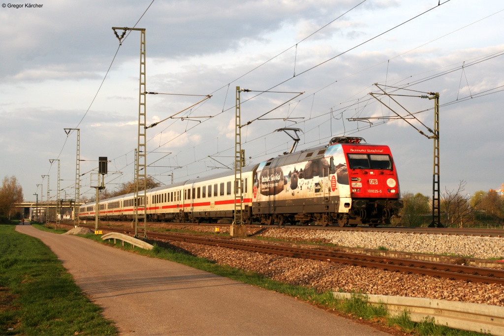 101 025  Packendes Sdafrika Pinguinmotiv  konnte am Morgen des 18.04.2013 mit dem IC 2374 Karlsruhe-Hannover bei Bruchsal fotografiert werden. Dieser Werbelook ist bereits Geschichte, die Lok hat ein neues Design erhalten.