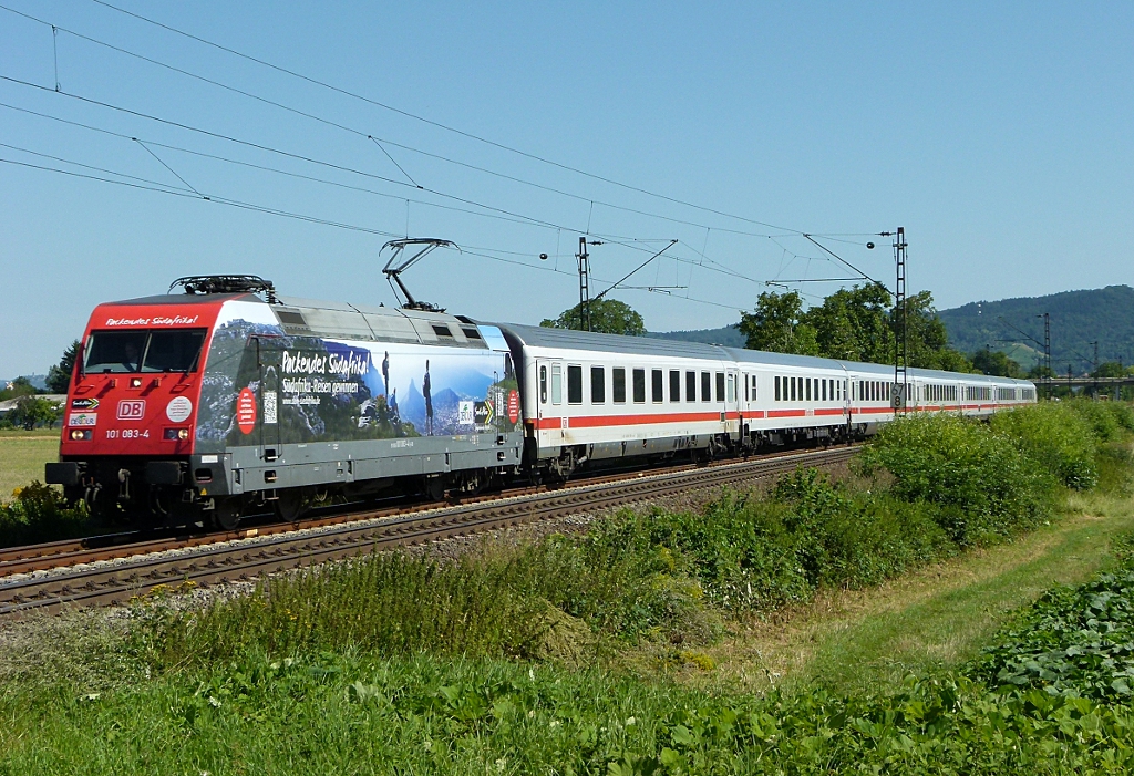 101 083-4 (Packendes Sdafrika) ist mit dem IC 2293 Frankfurt (Main) - Mnchen am 01.08.2012 in Ltzelsachsen