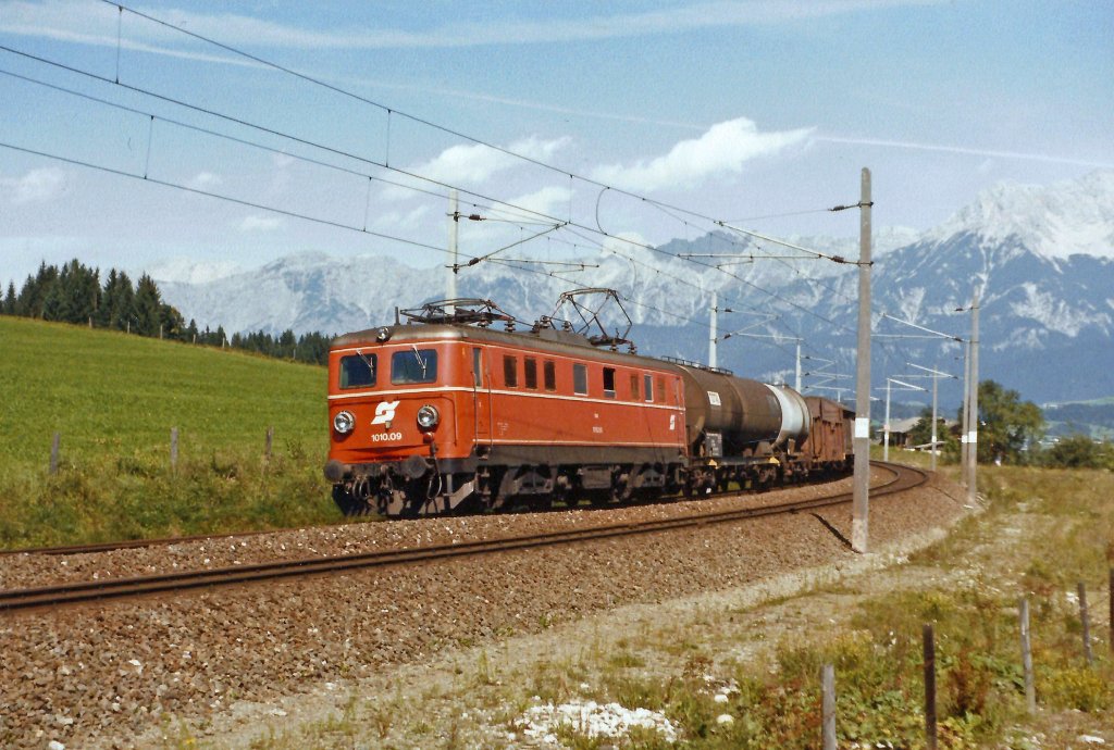 1010.09 mit einem gemischten Gterzug bei Saalfelden. Juli 1986