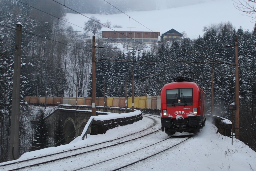 1016 024 mit dem Hackschnitzlerzug 41681 auf dem Wagnergrabenviadukt; am 19.01.2013