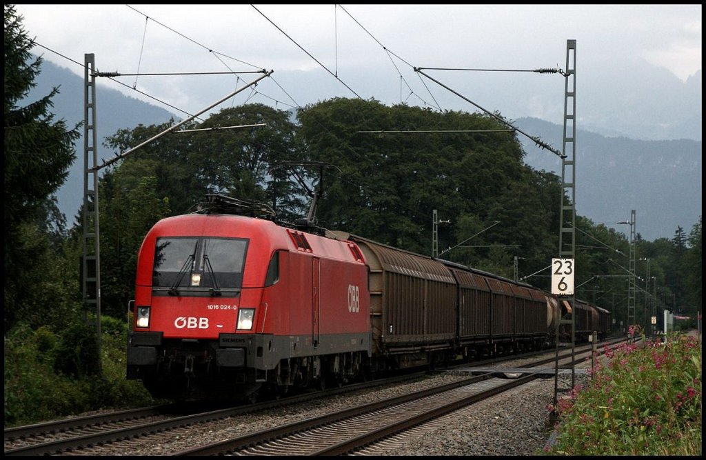 1016 024 ist mit einem gemischten Gterzug beim Kloster Raisach unterwegs. (04.08.2009)