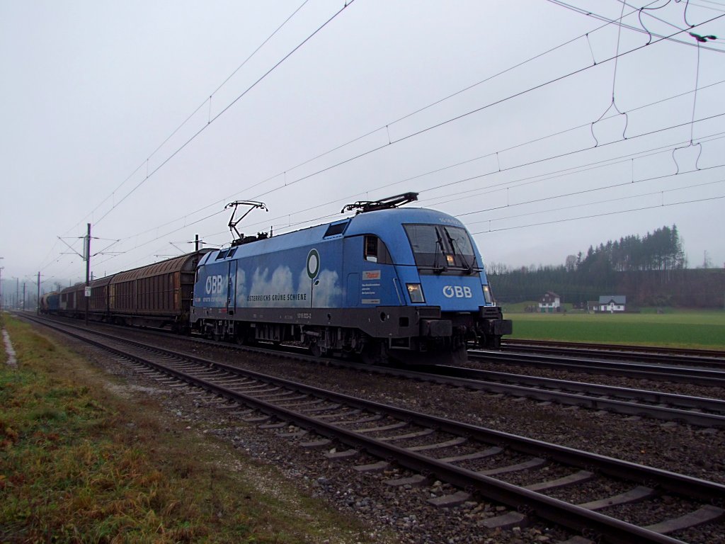 1016023-2 KYOTO  ist am trben Dezembernachmittag mit einem Gterzug bei Redl-Zipf Richtung Linz unterwegs;091207