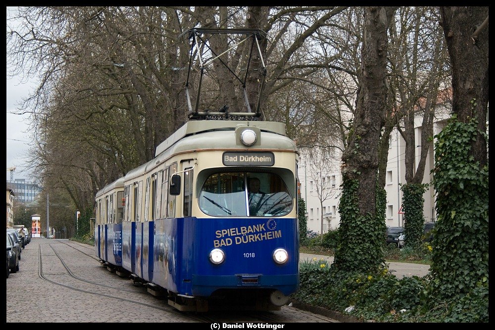 1018 mit 1058 am Ebertpark. Bei Sonderfahrt der IG Nahverkehr Rhein-Neckar, 16. Mrz 2008.